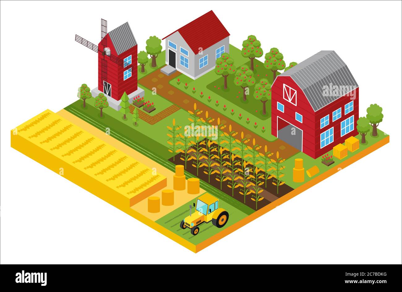 Modèle isométrique de ferme avec moulin, jardin, arbres, véhicules agricoles, maison de ferme et illustration de vecteur de serre Illustration de Vecteur