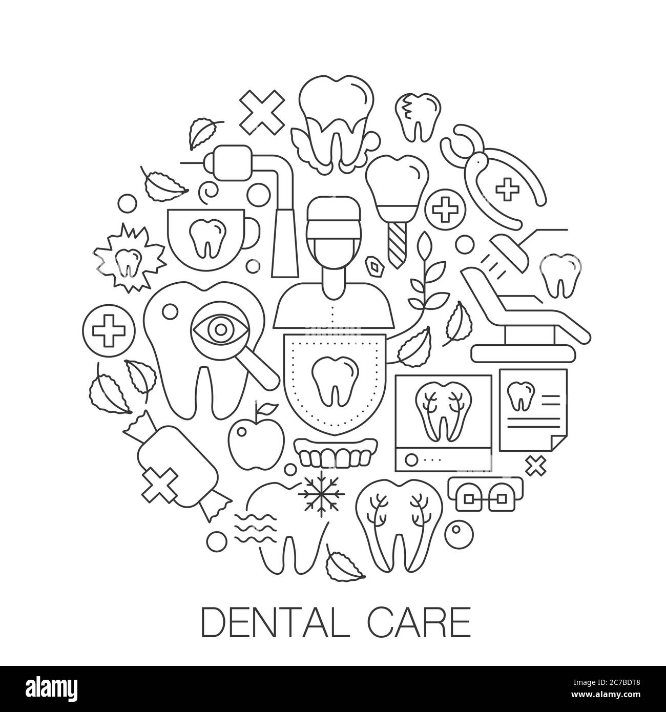 Soins dentaires en cercle - illustration de la ligne conceptuelle pour la couverture, l'emblème, le badge. Icônes de traits fins de soins dentaires Illustration de Vecteur