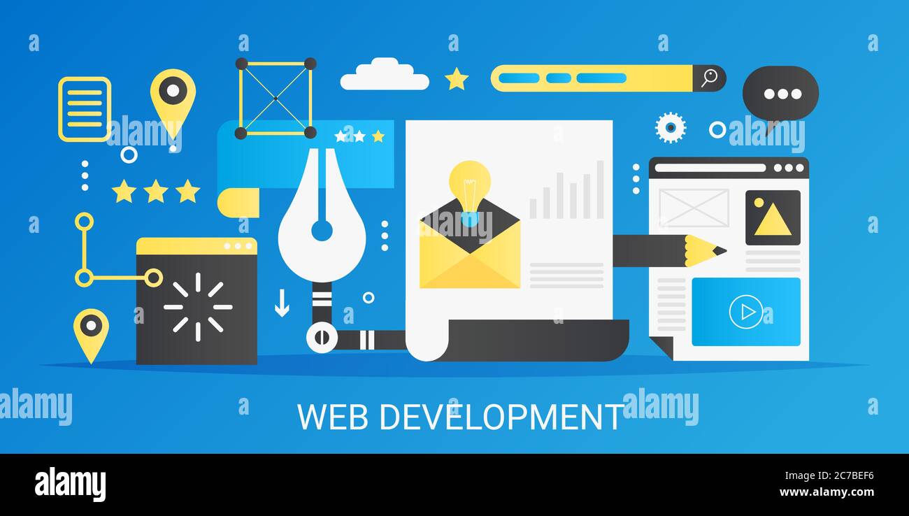 Bannière moderne de développement de conception de Web à gradient plat vectoriel avec icônes et texte Illustration de Vecteur