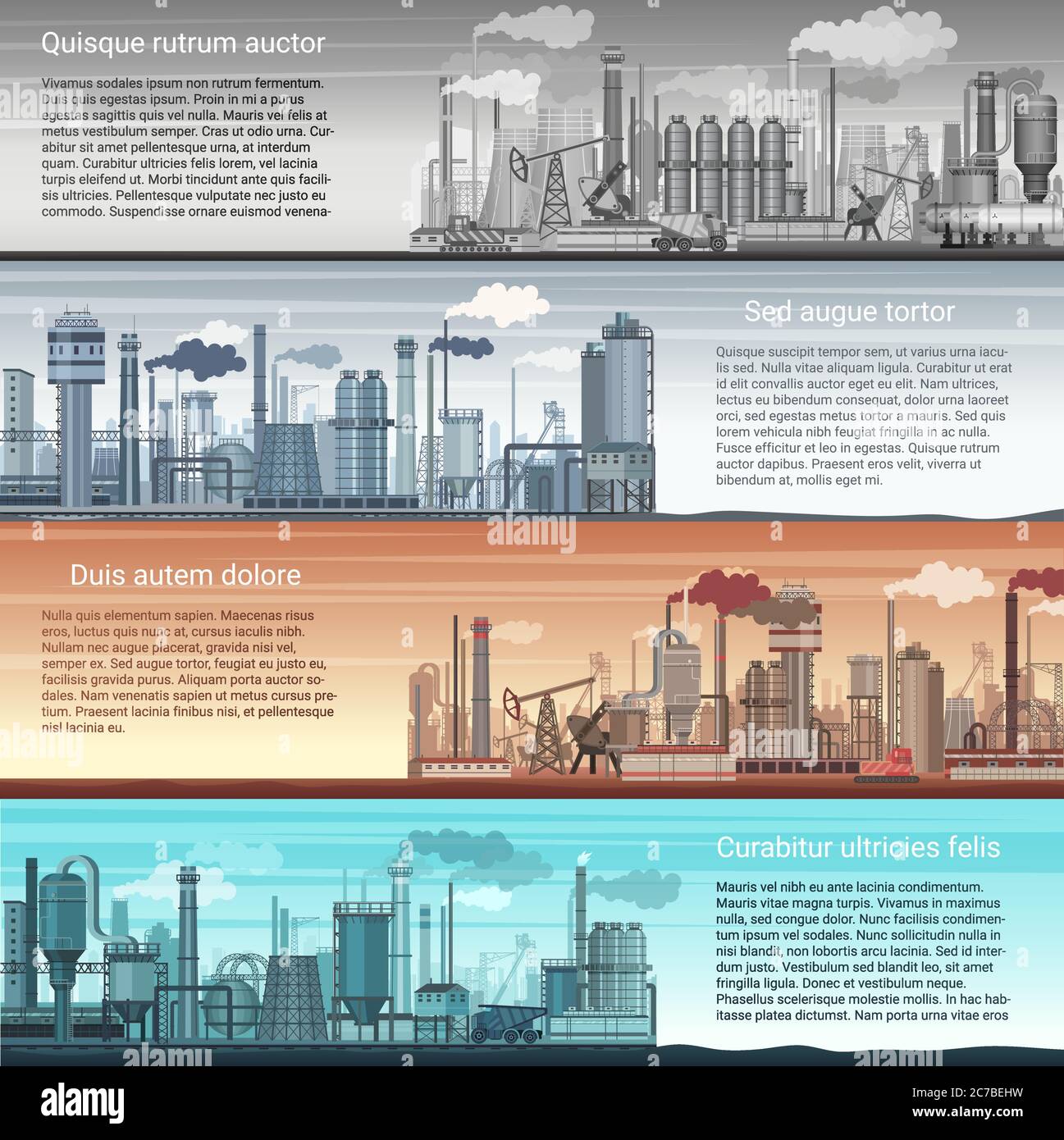 Ensemble de bannières industrielles vectorielles paysage. Résumé usine, raffinerie de pétrole et de gaz, Fabrication de produits chimiques. Affiches de modèles graphiques Illustration de Vecteur