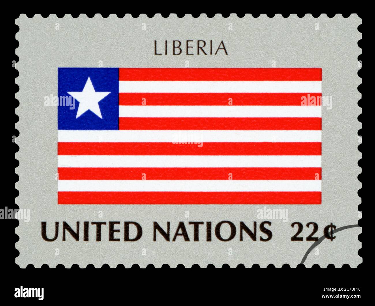LIBÉRIA - timbre de poste du drapeau national du Libéria, série des Nations Unies, vers 1984. Isolé sur fond noir. Banque D'Images