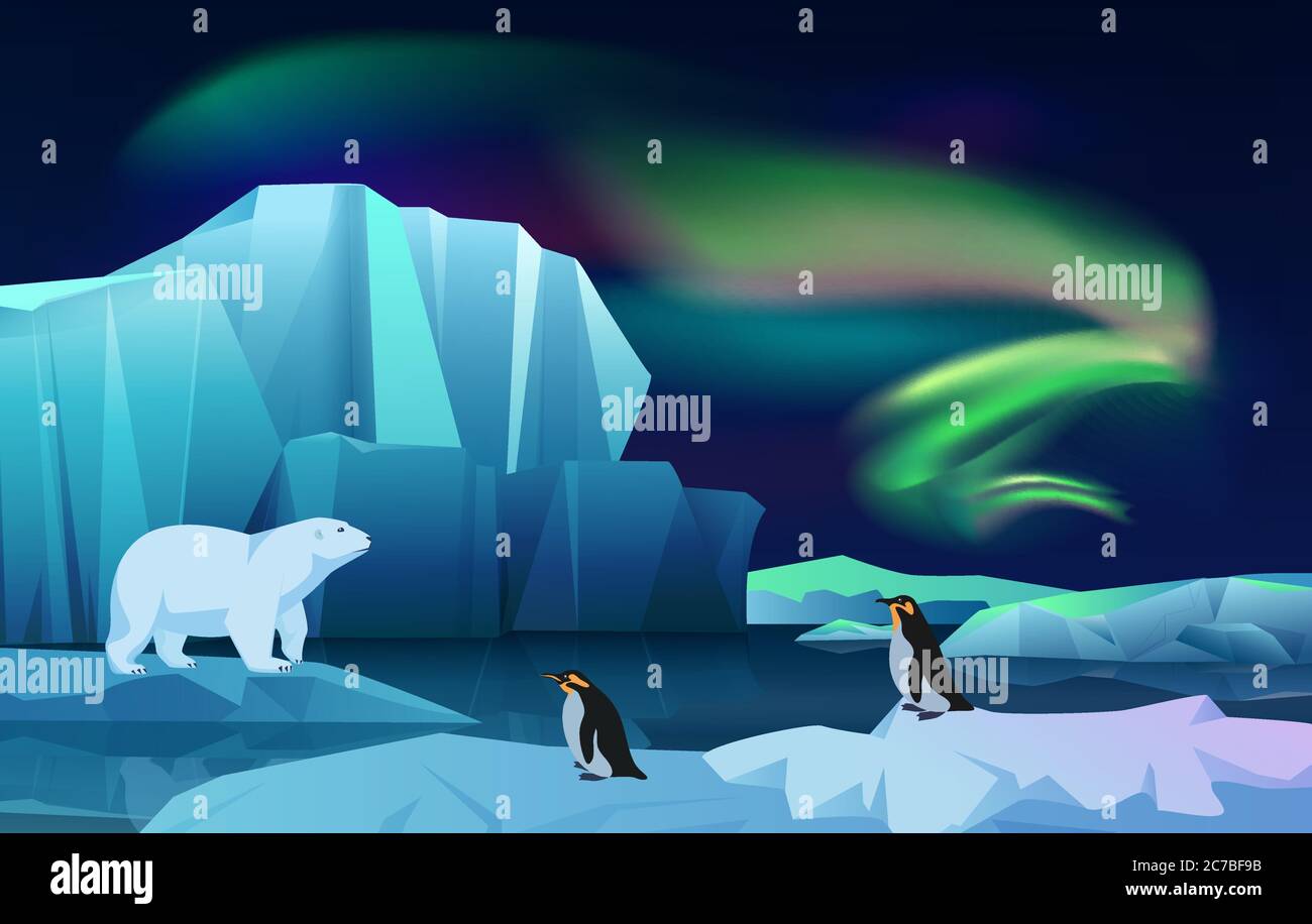 Caricature vecteur nature hiver arctique paysage de glace avec iceberg, neige montagnes collines. Nuit polaire avec aurores boréales. Ours blanc et pingouins Illustration de Vecteur