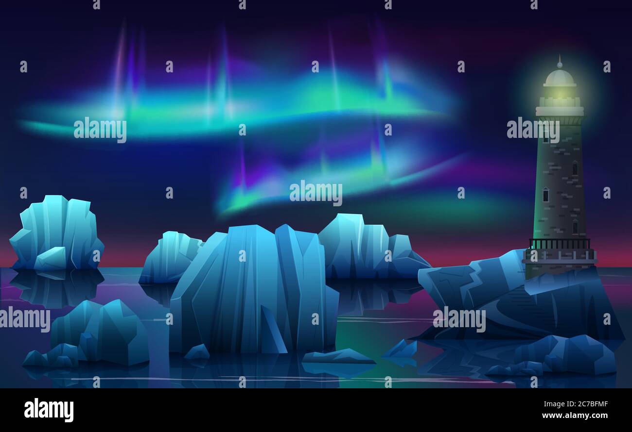 Vecteur Paysage d'hiver du phare dans la glace océan arctique avec icebergs. Nuit polaire avec aurores boréales Illustration de Vecteur