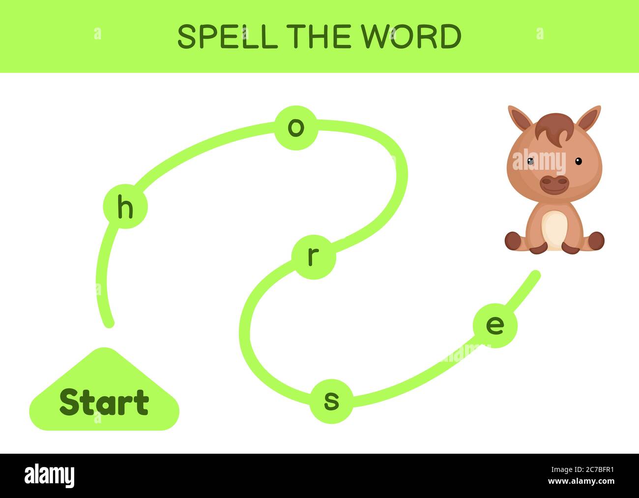 Labyrinthe pour les enfants. Modèle de jeu de mots d'orthographe. Apprenez à lire le mot cheval, feuille de travail imprimable. Page d'activité pour l'étude en anglais. Illustration de Vecteur