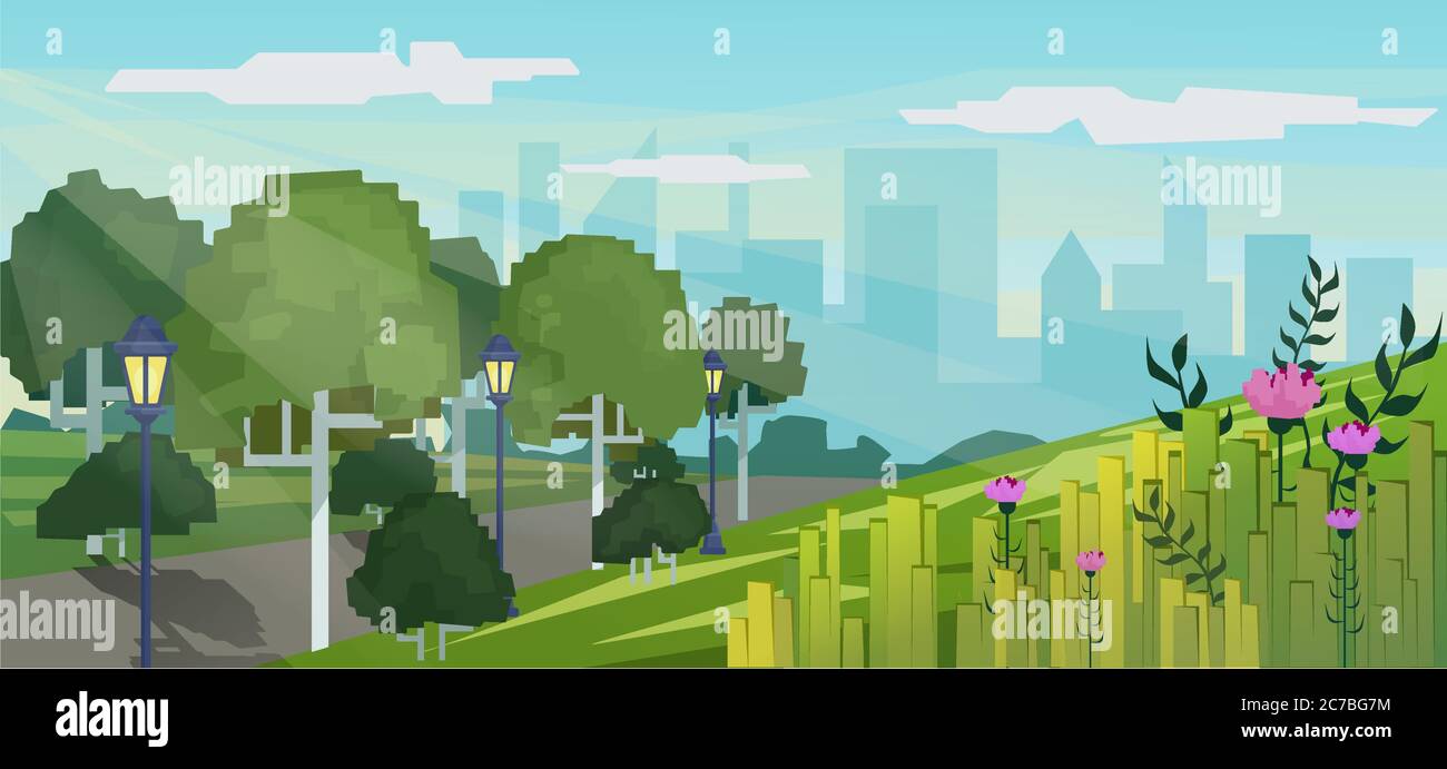 Illustration du jeu de pixels vectoriels du parc public de la ville avec gratte-ciel bâtiments arrière-plan Illustration de Vecteur