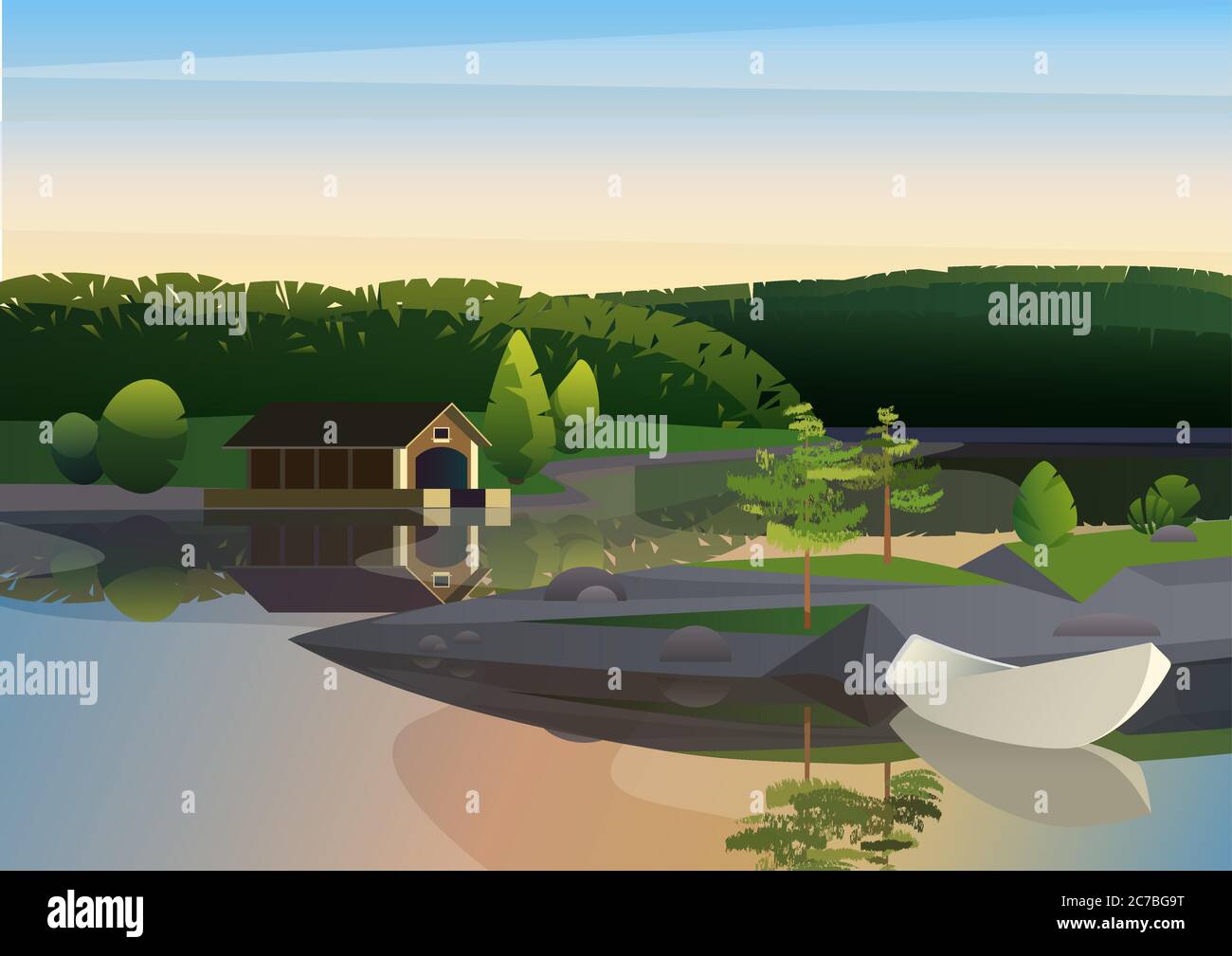 Image vectorielle d'un paysage tranquille avec quai de maison isolé et bateau à voile sur le rivage du lac dans la nature verte Illustration de Vecteur
