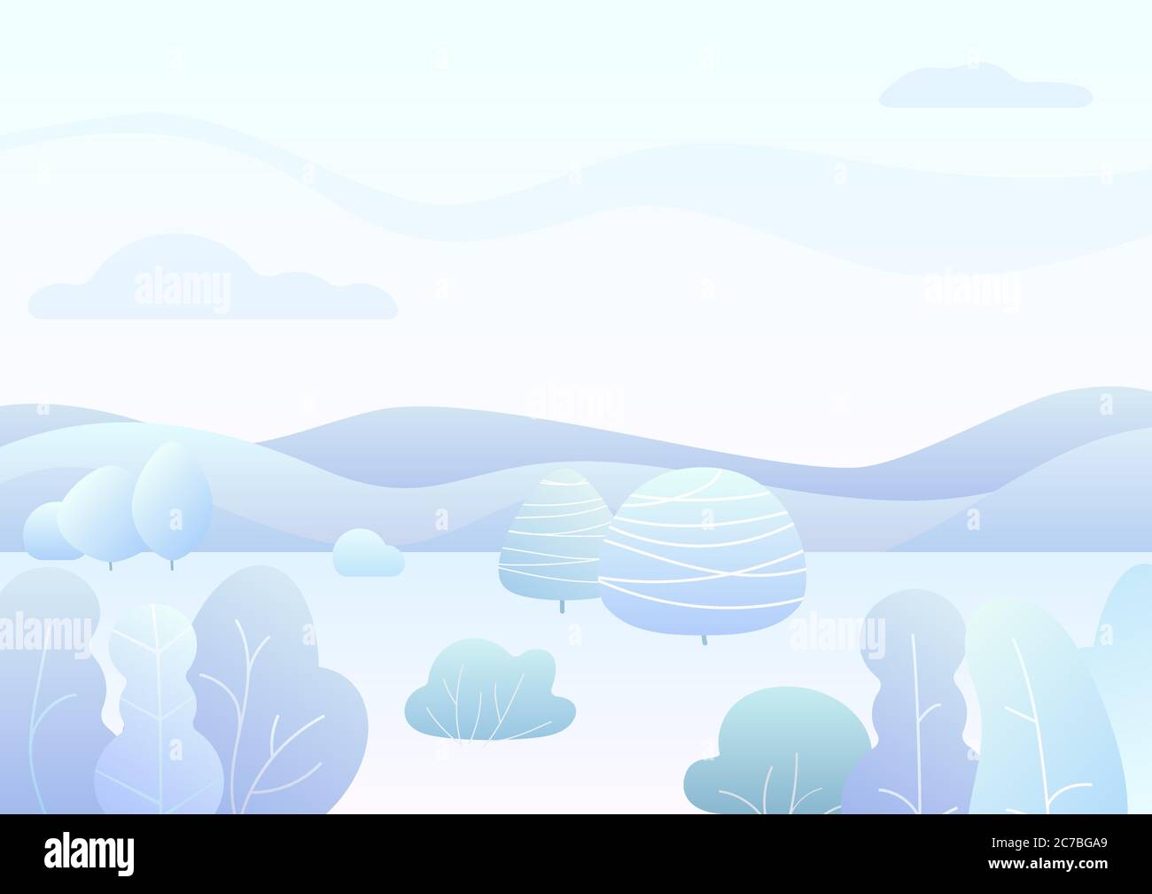 Fantasy paysage de forêt d'hiver simple avec dessin animé arbres incurvés, buissons tendance dégradé de couleur illustration vectorielle Illustration de Vecteur