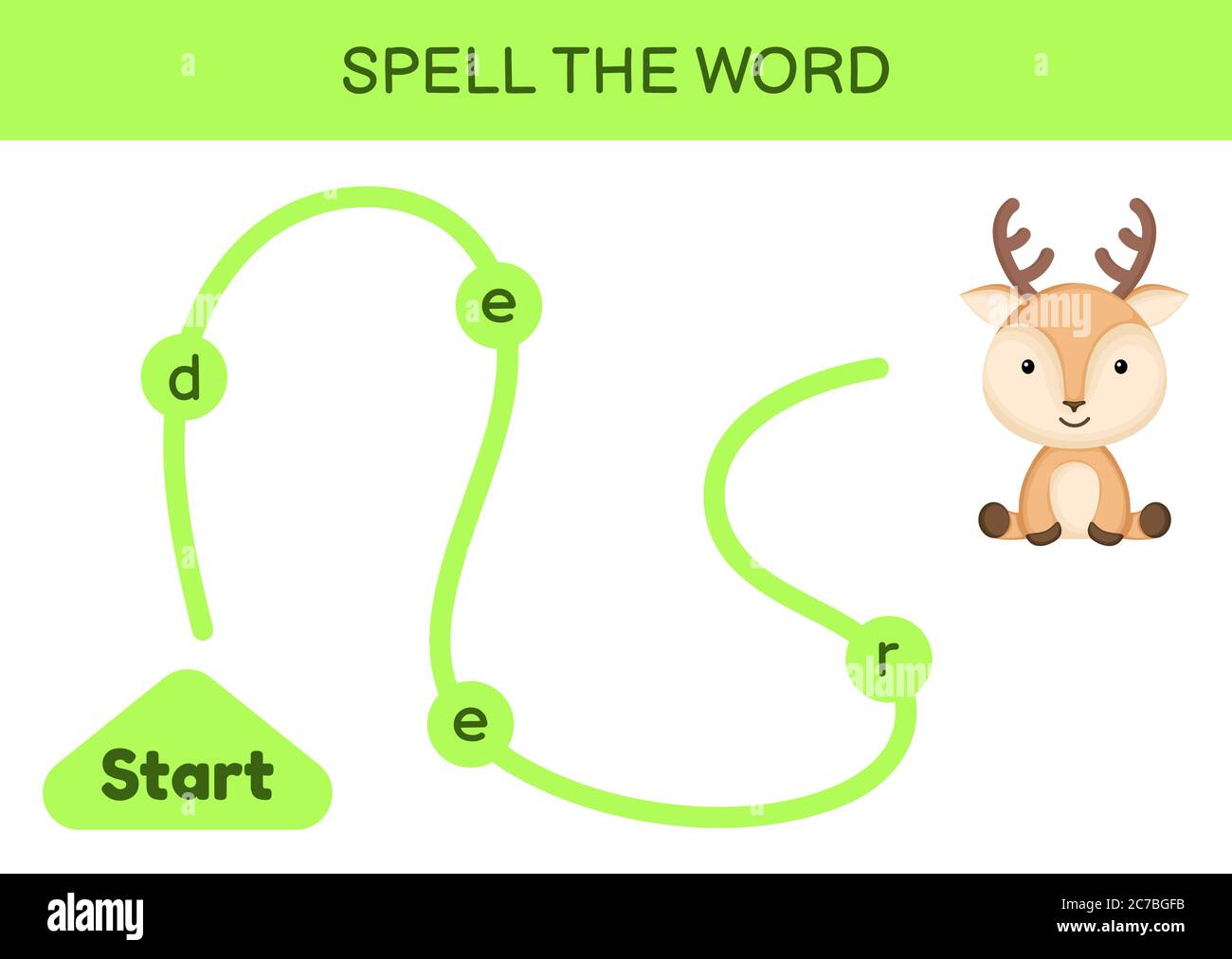 Labyrinthe pour les enfants. Modèle de jeu de mots d'orthographe. Apprenez à lire Word Deer, feuille de travail imprimable. Page d'activité pour l'étude en anglais. Illustration de Vecteur