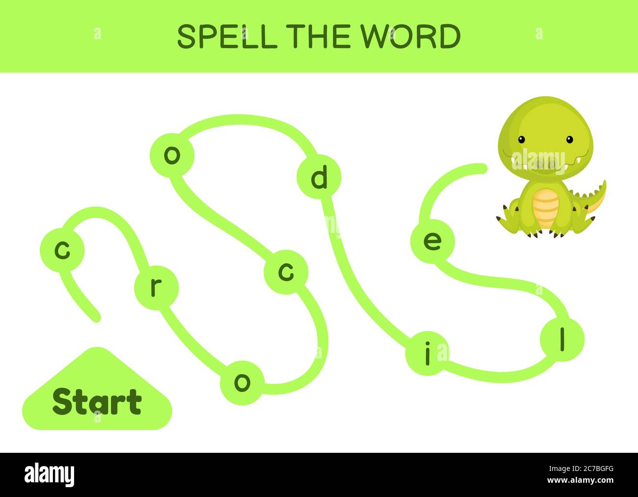 Labyrinthe pour les enfants. Modèle de jeu de mots d'orthographe. Apprenez à lire le mot crocodile, feuille de travail imprimable. Page d'activité pour l'étude en anglais. Illustration de Vecteur