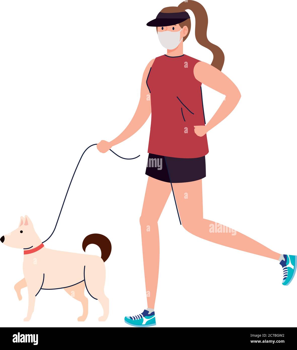 femme avec masque et vêtements de sport, course à pied avec motif chien vectoriel Illustration de Vecteur