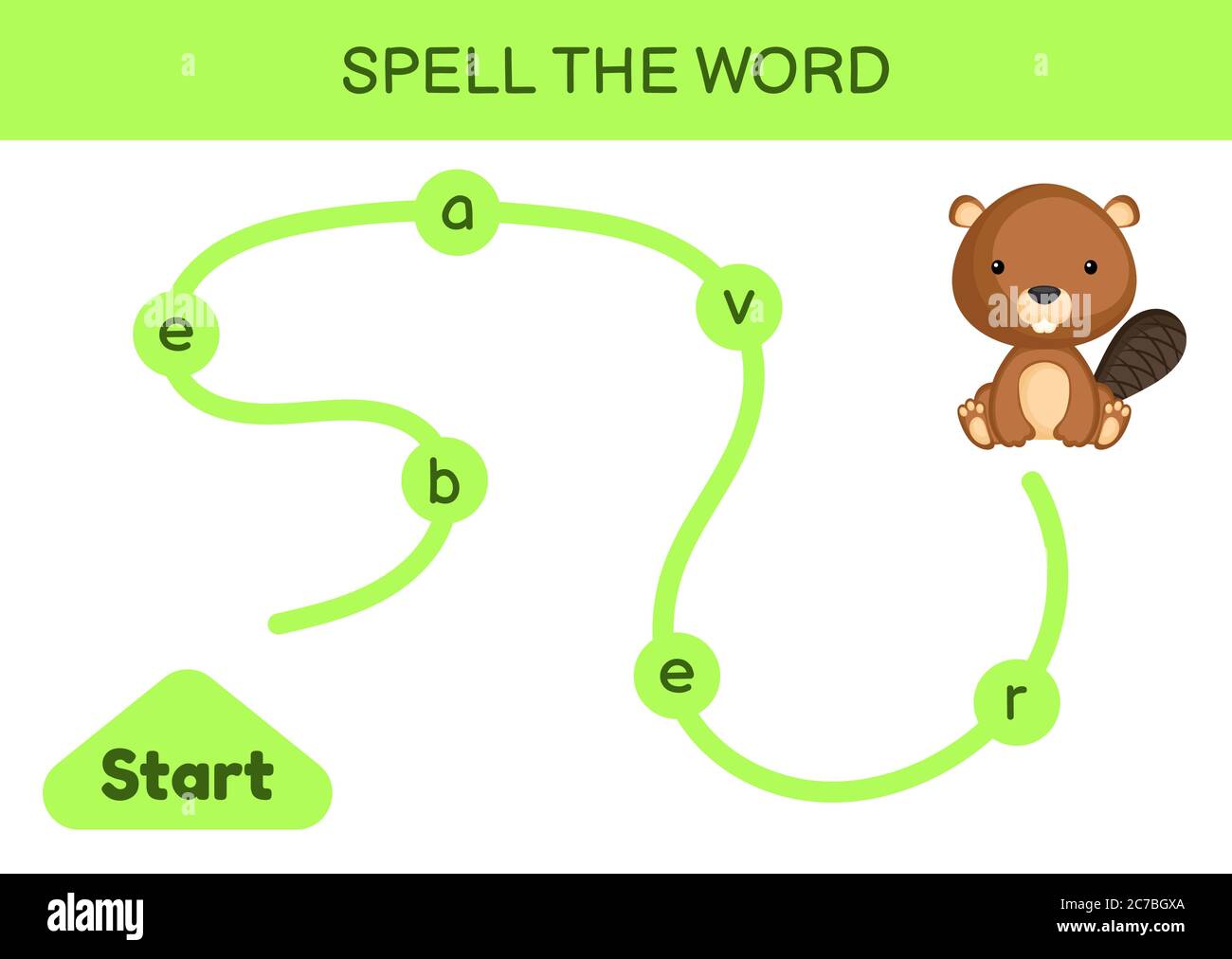 Labyrinthe pour les enfants. Modèle de jeu de mots d'orthographe. Apprenez à lire Word Beaver, feuille de travail imprimable. Page d'activité pour l'étude en anglais. Illustration de Vecteur