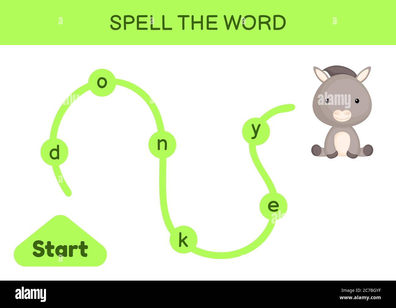 Labyrinthe pour les enfants. Modèle de jeu de mots d'orthographe. Apprenez à lire le mot âne, feuille de travail imprimable. Page d'activité pour l'étude en anglais. Illustration de Vecteur