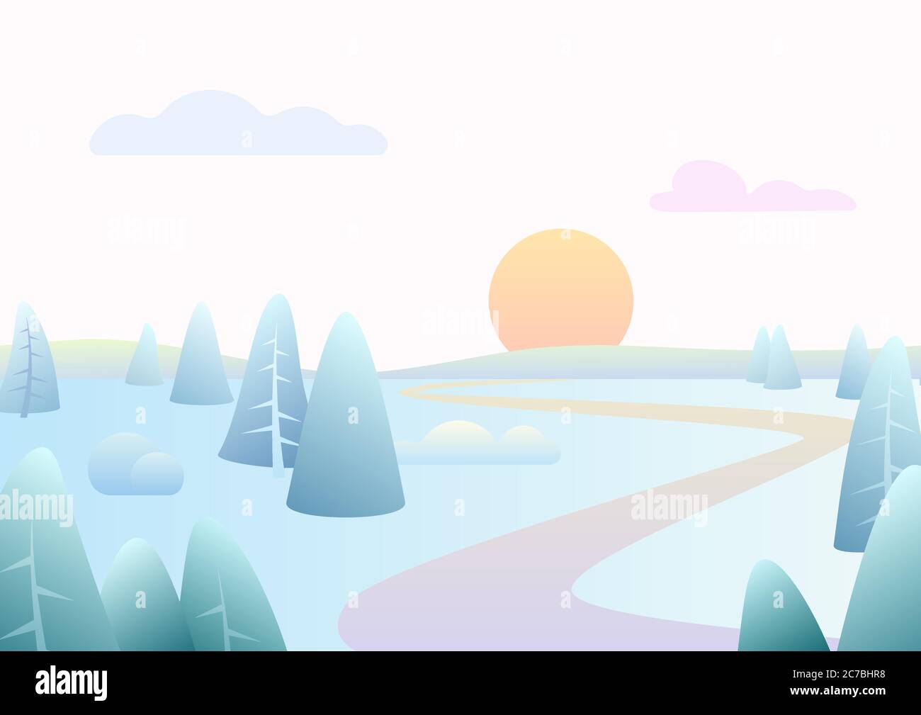 Fantastique route d'hiver minimaliste paysage de rivière avec des arbres de dessin animé incurvés, illustration de dégradé tendance de couleur vecteur Illustration de Vecteur