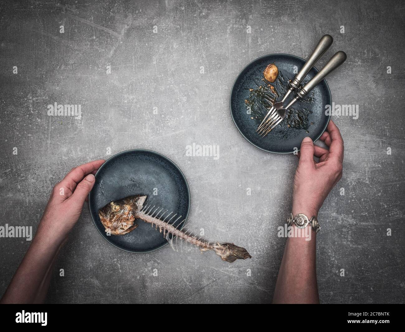 Les mains de la femme lastiant le squelette de la dorade de mer - dorado poisson de mer sur l'assiette. Photo en hauteur avec espace de copie. Banque D'Images