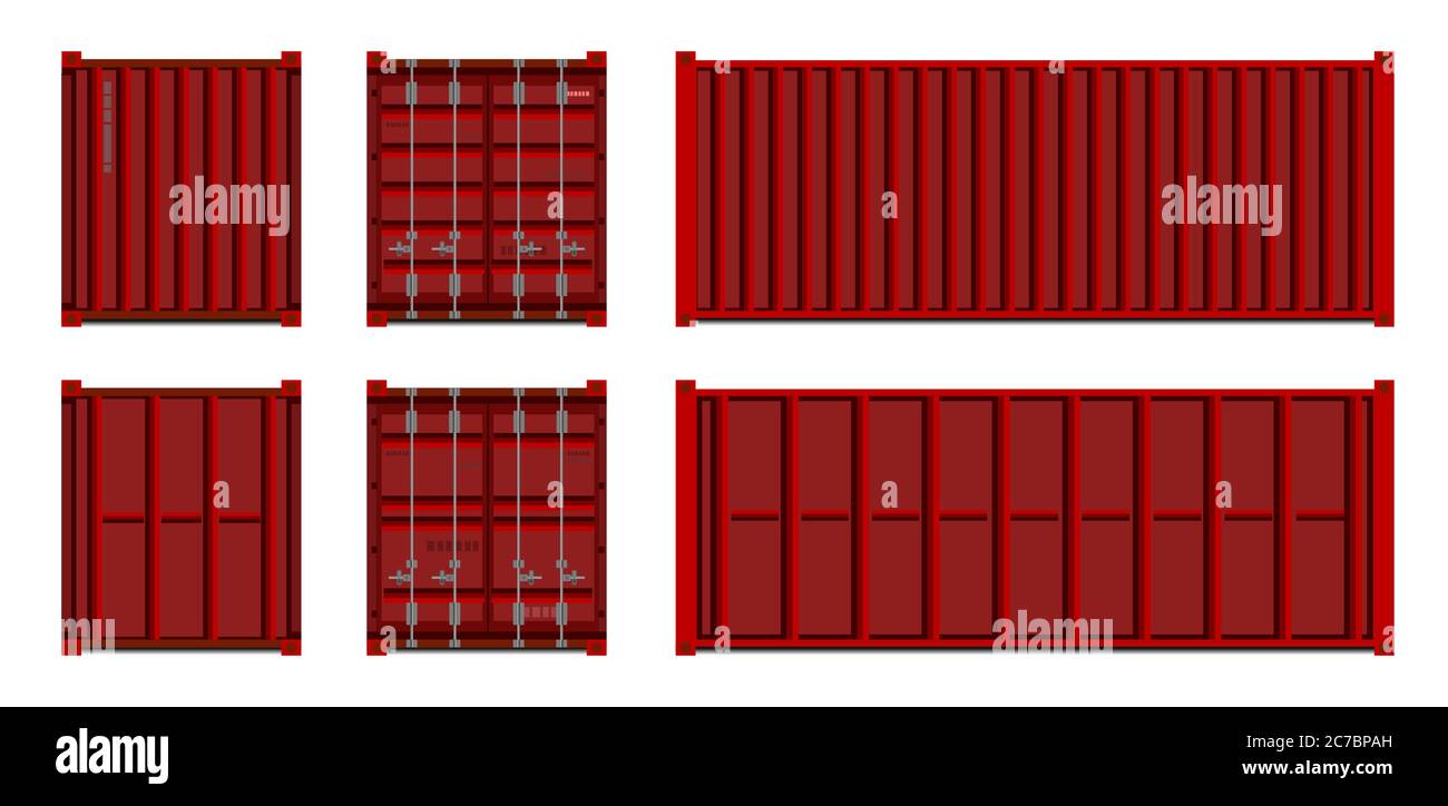 Conteneur de chargement. Vecteur. Définir. Conteneur de livraison logistique. Objet isolé. Rouge. Arrière, avant et latéral. Service de livraison d'expédition. Conteneur pour chariot Illustration de Vecteur