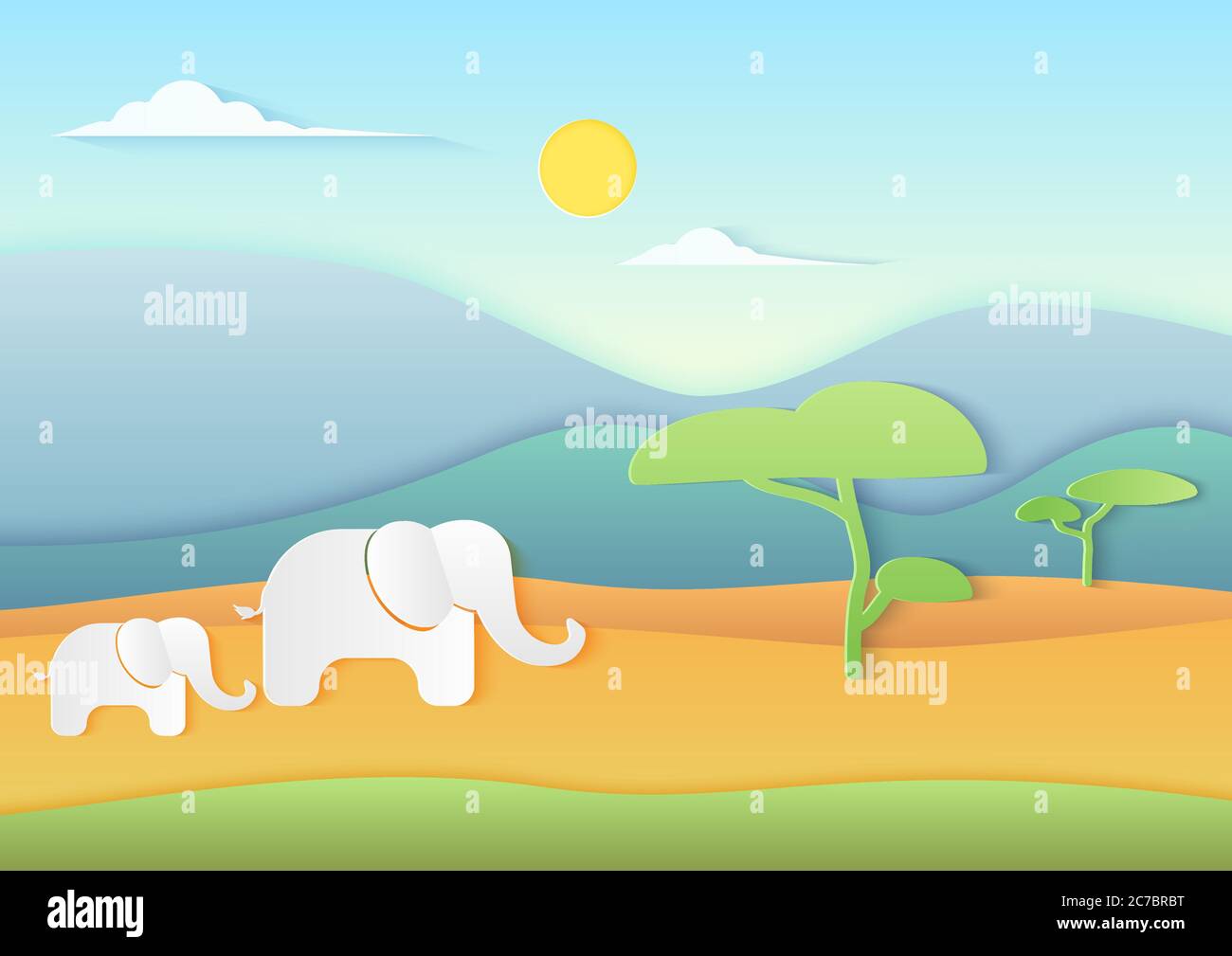Paysage de savane africaine avec des éléphants, des montagnes et des arbres. Illustration vectorielle tendance de style en papier avec cuté Illustration de Vecteur