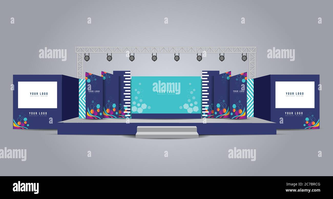 Conception de la scène d'événement pour les conférences d'affaires, les présentations de projets d'entreprise, les événements d'actionnaires ou les réunions avec diapositives sur les écrans de projection. Illustration de Vecteur