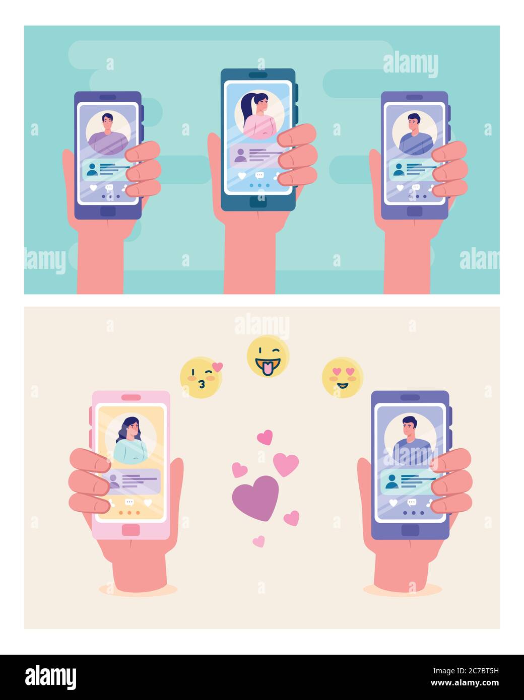 mains tenant des smartphones avec des femmes et des hommes qui discutent conception vectorielle Illustration de Vecteur