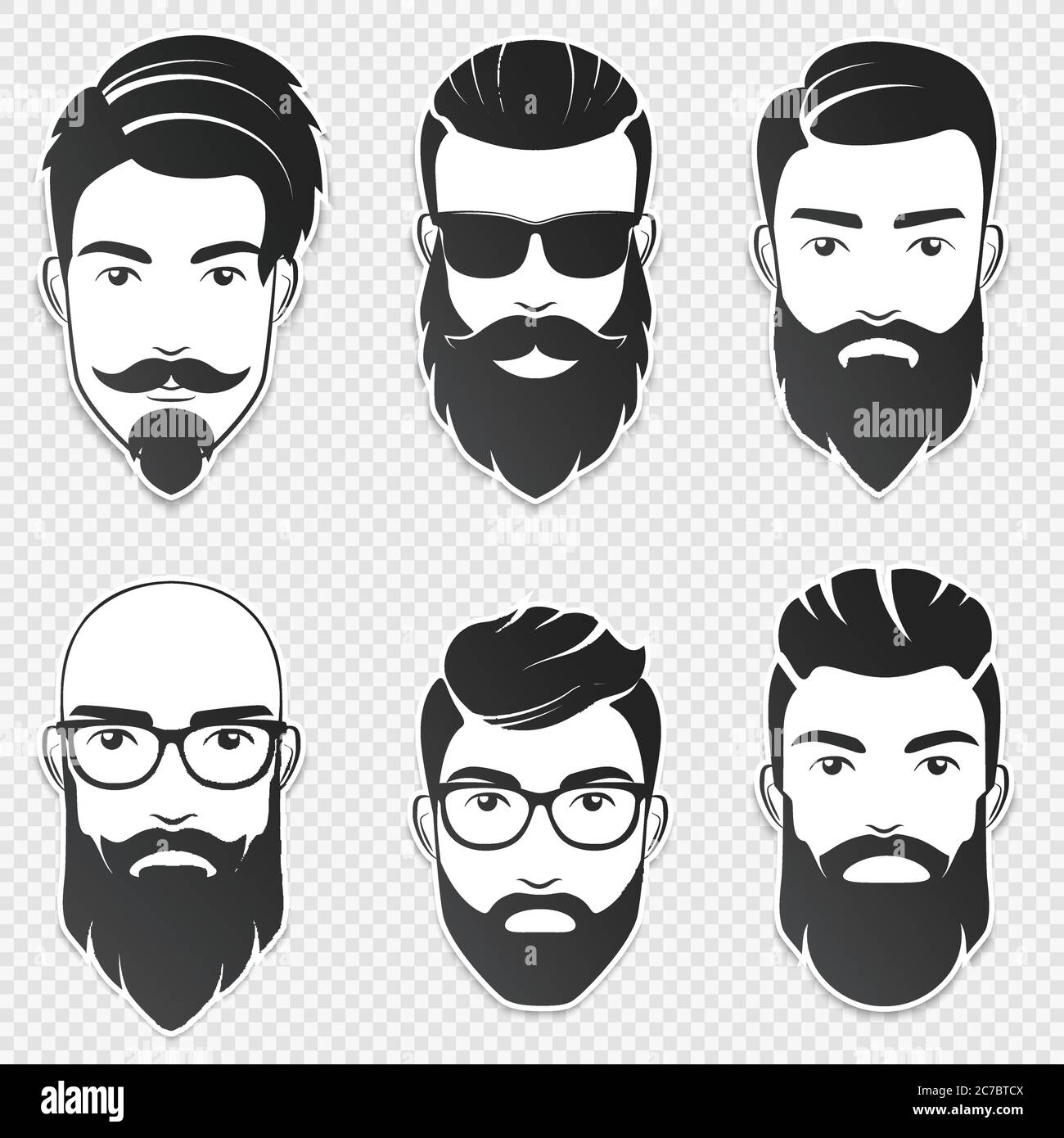 Ensemble de visages vectoriels de taille basse barbu hommes avec différentes coupes de cheveux, moustaches, barbes. Avatar, emblème, icône ou logo homme tendance. Autocollants ombres douces isolés sur l'arrière-plan transperant Illustration de Vecteur