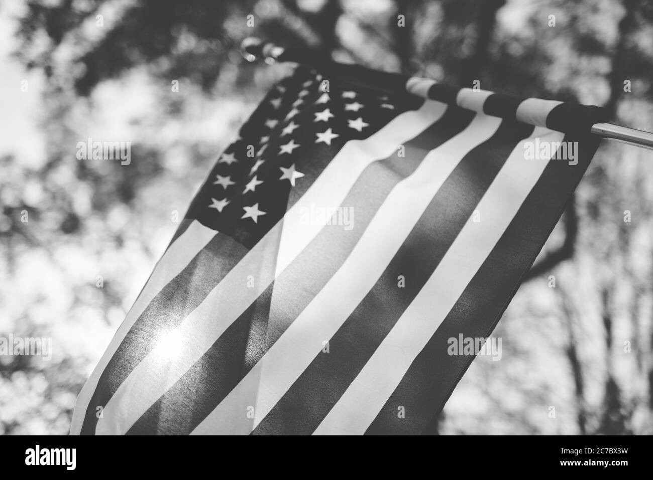 Prise de vue en bas angle du drapeau des états-unis avec un arrière-plan flou en noir et blanc Banque D'Images
