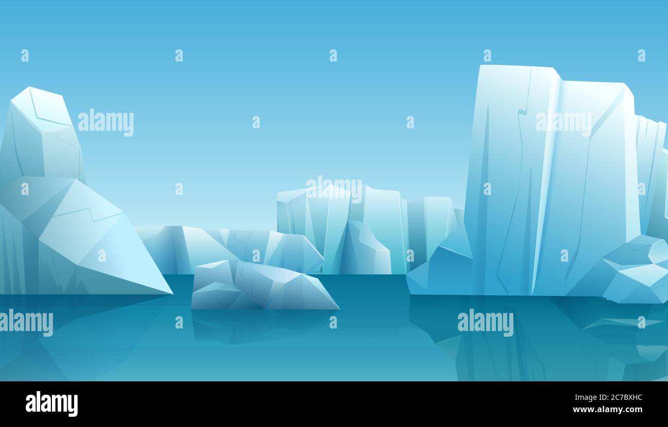 Vecteur hiver hiver Paysage arctique avec iceberg de glace, eau pure bleue et collines enneigées Illustration de Vecteur