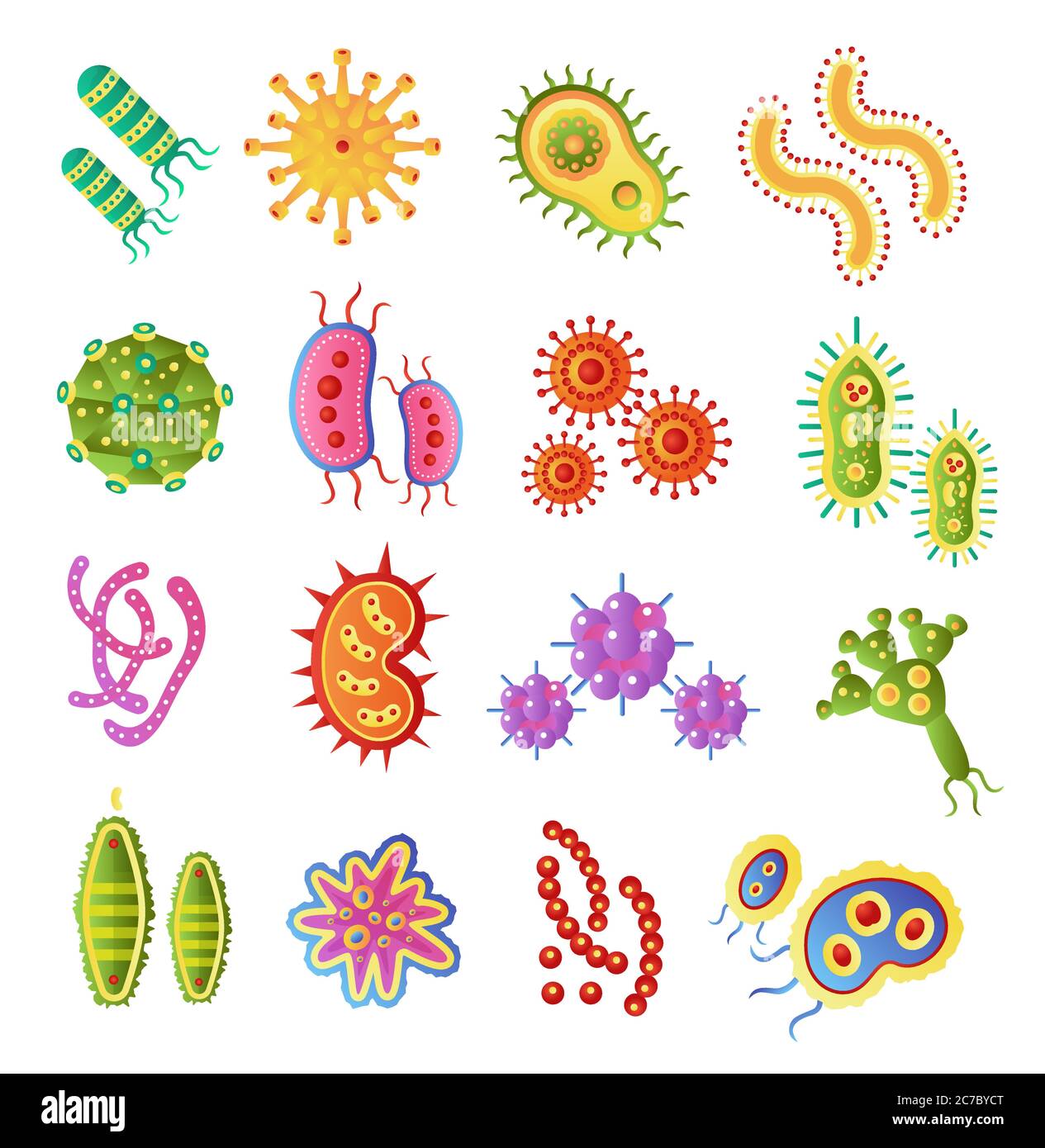Icônes de biologie des bactéries infectieuses et des vecteurs de virus pandémique. Ilustration de bactéries plates vectorielles. Micro-organisme, allergène isolé sur fond blanc Illustration de Vecteur