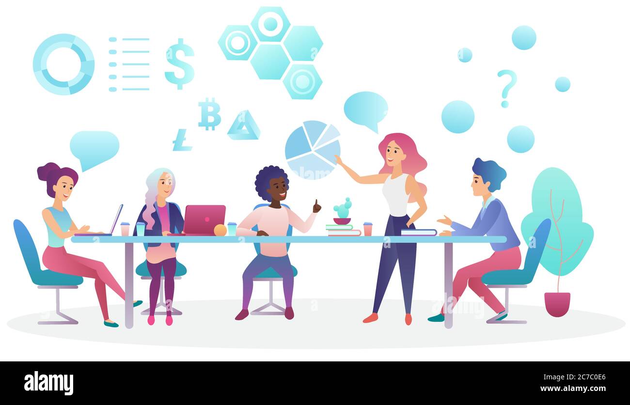 Concept de réunion d'affaires dans le centre de bureau de collègue. Illustration vectorielle de l'équipe créative qui parle et travaille ensemble Illustration de Vecteur