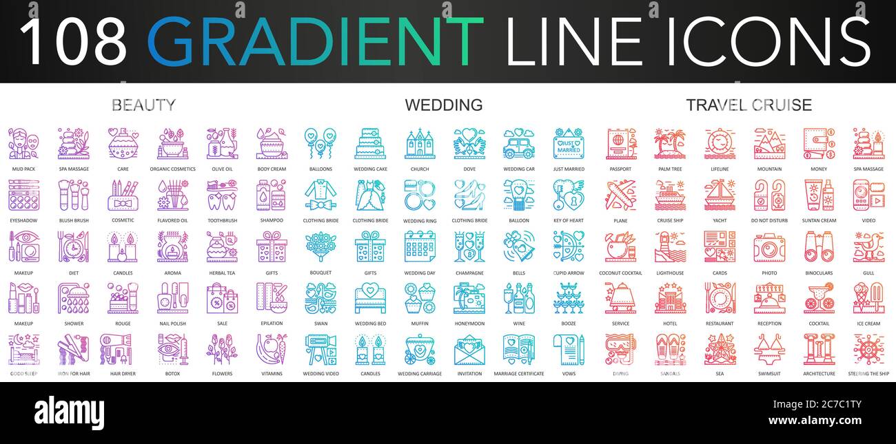 108 tendance dégradé couleur complexe fine ligne icônes ensemble de beauté, mariage, voyage croisière illustration vecteur Illustration de Vecteur
