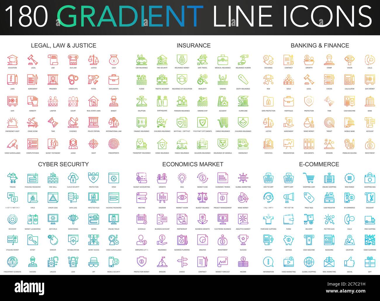 180 icônes tendance de vecteur de gradient mince ensemble de juridique, lois et justice, assurance, finance bancaire, cyber sécurité, économie de marché, e-commerce Illustration de Vecteur