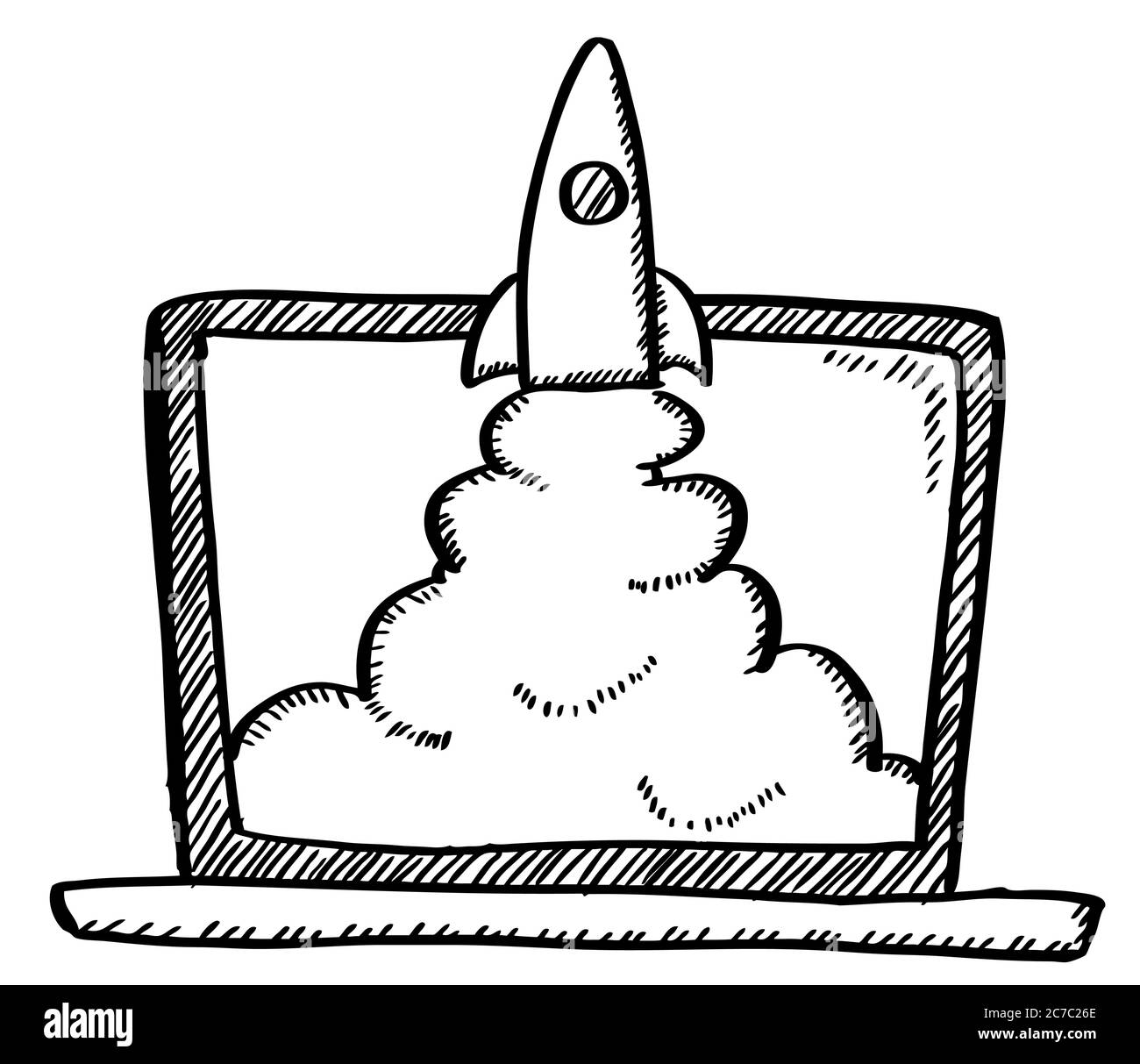 Un carnet de notes de style caricature avec une fusée à l'écran. Illustration vectorielle dessinée à la main. Illustration de Vecteur