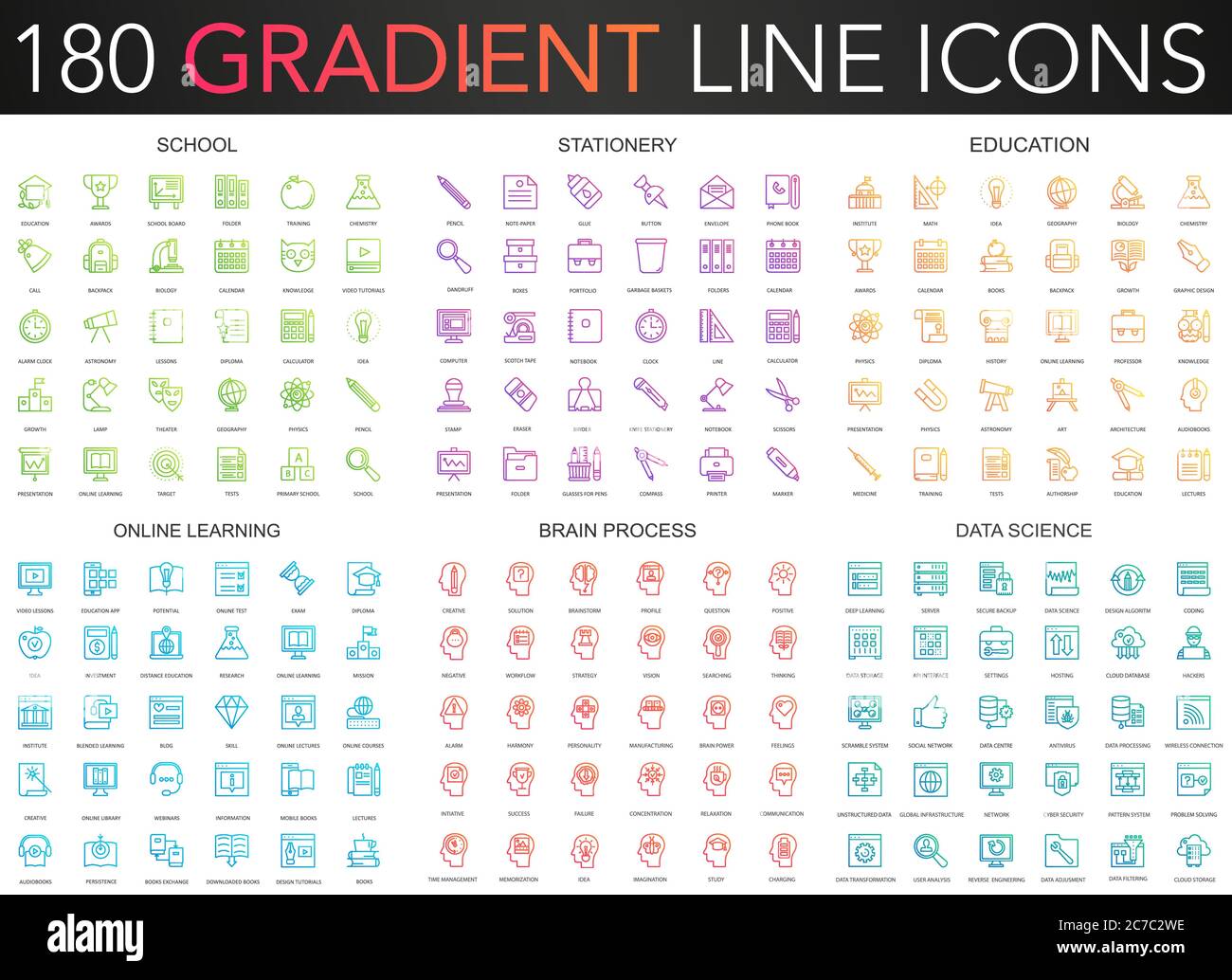 180 tendance couleur dégradé style icônes ligne mince ensemble de l'école, papeterie, éducation, apprentissage en ligne, processus cérébral, science des données Illustration de Vecteur