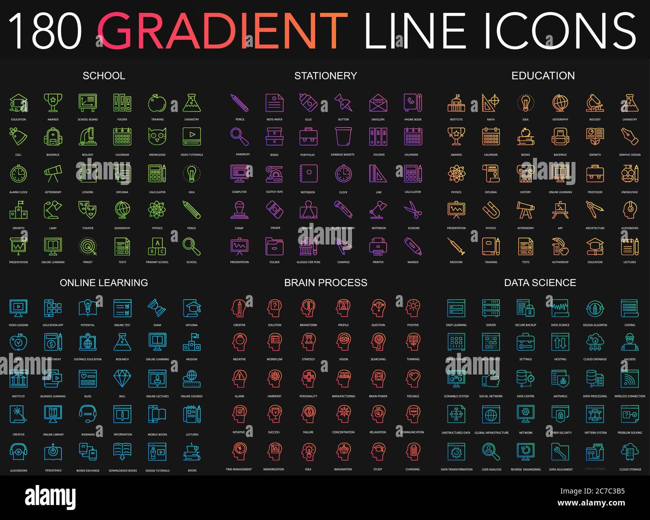 180 tendances dégradé style icônes mince ensemble de l'école, de la papeterie, de l'éducation, l'apprentissage en ligne, le processus cérébral, la science des données isolé sur fond noir Illustration de Vecteur