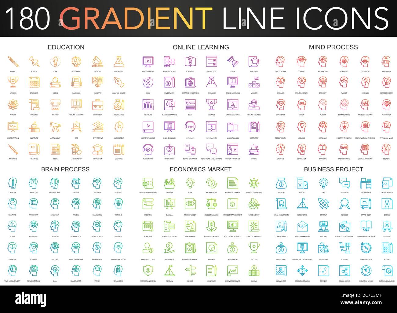 180 icônes tendance à vecteur de gradient fin ensemble de l'éducation, l'apprentissage en ligne, le processus mental, projet d'affaires, icône de marché d'économie Illustration de Vecteur