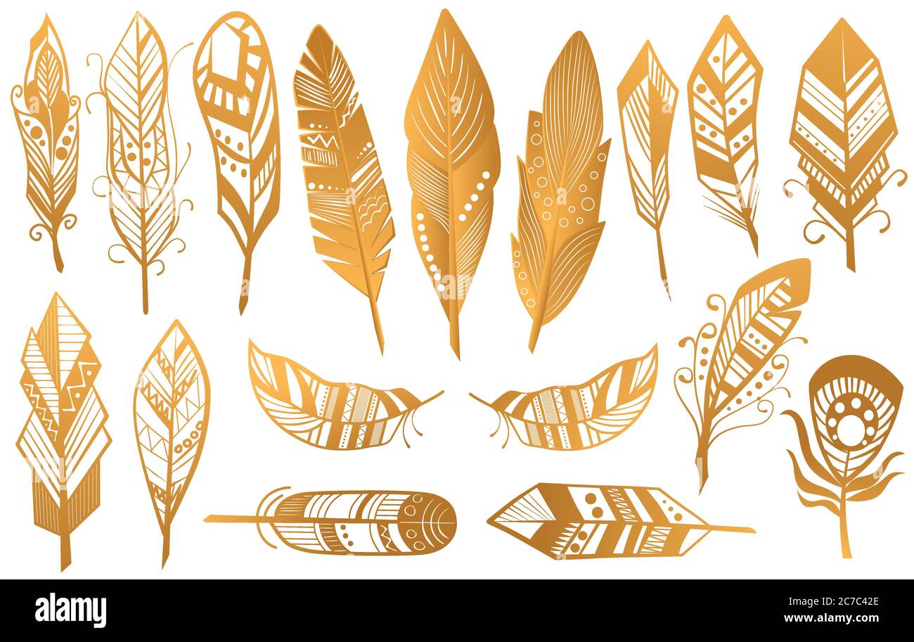 Ensemble de plumes tribales Golden Luxury. Collection ethnique de boho d'or isolée Illustration de Vecteur