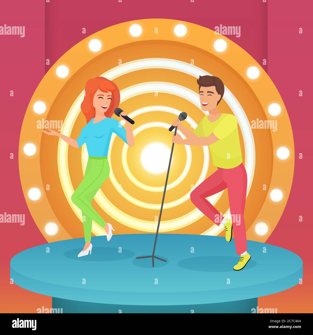 Couple, homme et femme chantant une chanson karaoké avec microphone debout sur la scène moderne de cercle avec des lampes illustration vectorielle Illustration de Vecteur