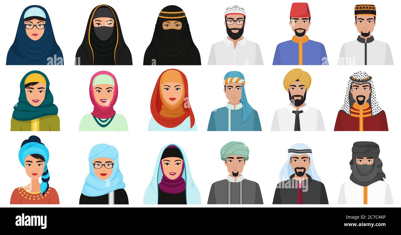 Icônes de personnages de dessin animé Islam. Avatars musulmans arabes les chefs de sexe masculin et féminin sont musulmans Illustration de Vecteur