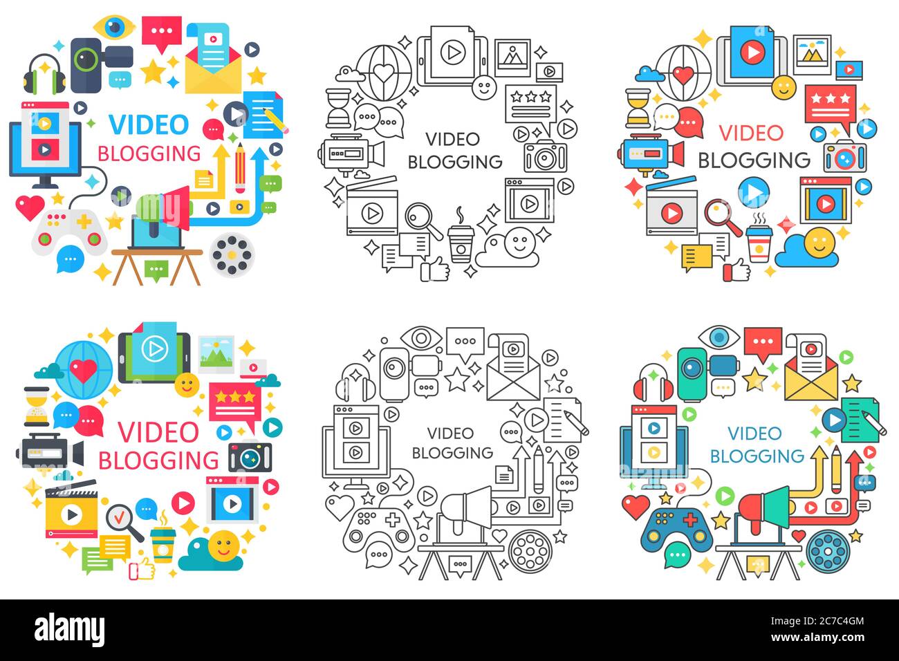 Vidéo en ligne blog conception lie, plat, ligne ronde concepts ensemble avec médias blogger icônes isolées Illustration de Vecteur