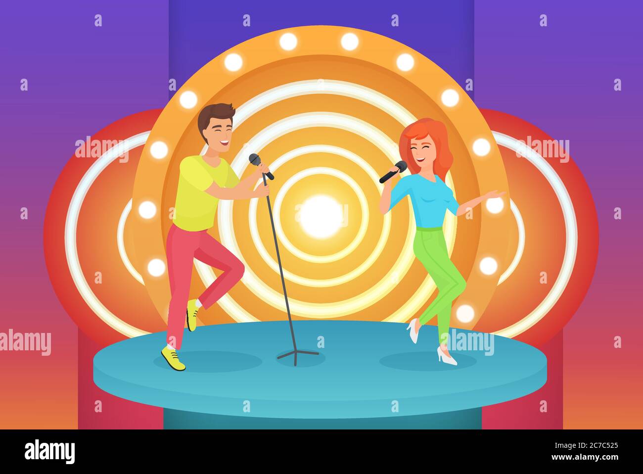 Couple, homme et femme chanteurs chantant des chansons de karaoké debout sur le cercle illustration de vecteur de scène moderne Illustration de Vecteur