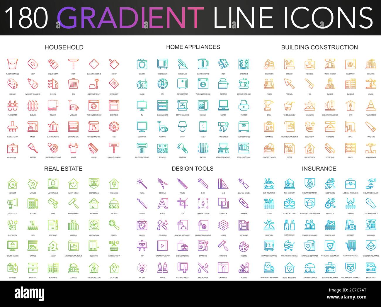 180 icônes tendance à vecteur de gradient fin ensemble de ménage, appareils ménagers, construction de bâtiments, immobilier, outils de conception, icône d'assurance Illustration de Vecteur