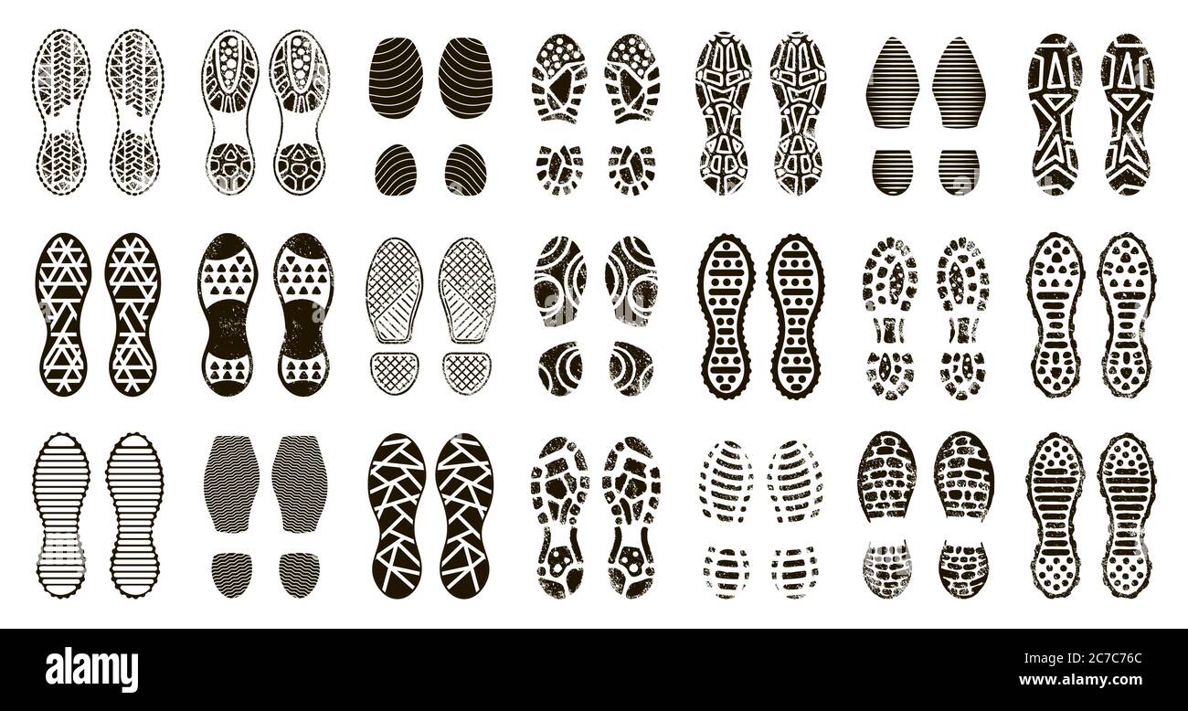 Empreinte de bottes humaines. Chaussures et silhouette pieds nus, imprimé  chaussures de marche homme, empreintes de pas texturées ensemble  d'illustrations d'icônes isolées Image Vectorielle Stock - Alamy