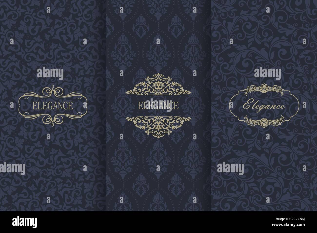 Ensemble de motifs damassé sans couture vintage. Collection d'éléments de conception, étiquettes, icône, cadres pour l'emballage, conception de produits de luxe. Illustration de Vecteur