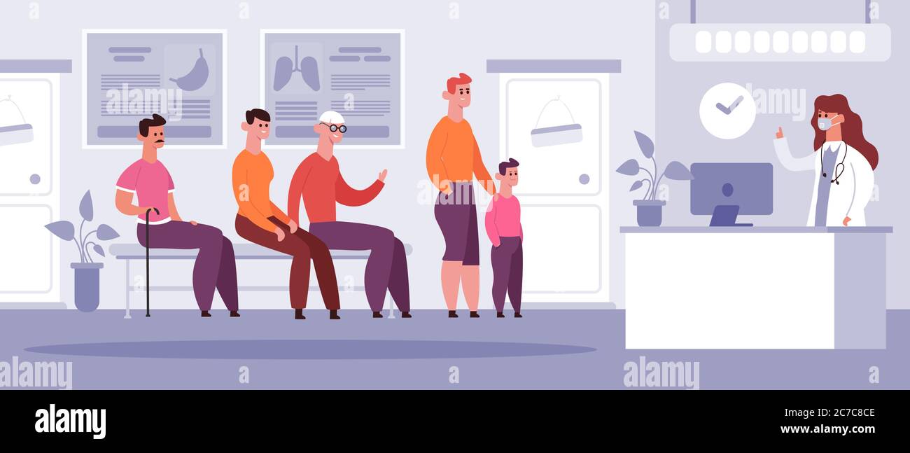 Salle d'attente clinique. Médecin heure de rendez-vous médical, patients en attente, médecin hôpital médecin médecin rencontre illustration du vecteur d'arrangement Illustration de Vecteur