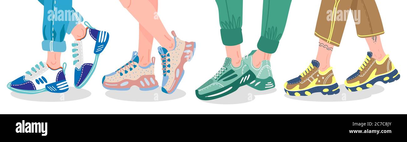 Jambes dans les baskets. Jambes de femme ou de sexe masculin portant des baskets modernes, jambes de personnes dans des baskets de mode, chaussures de sport stylées illustration vectorielle Illustration de Vecteur