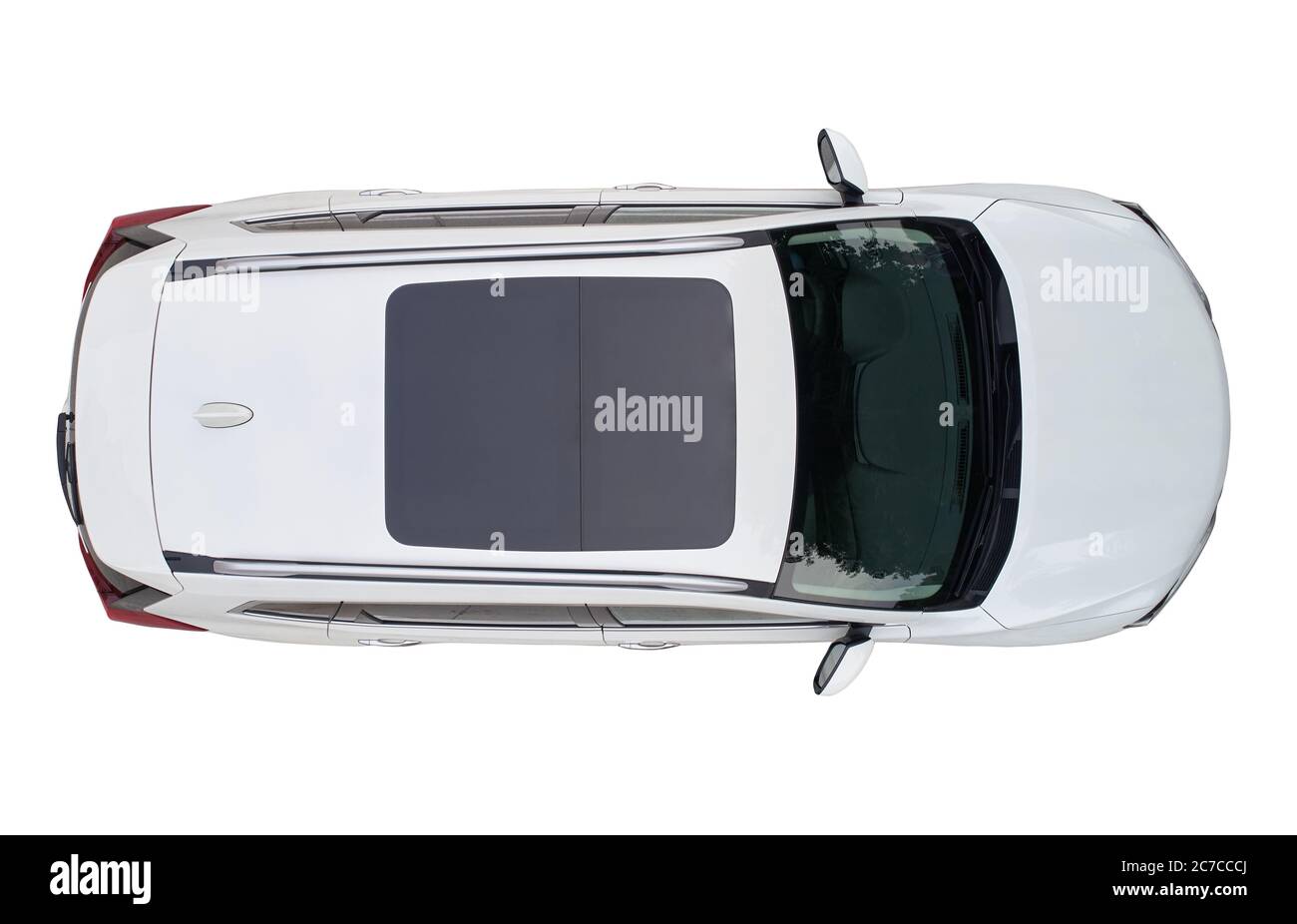 Voiture moderne de sport blanc avec toit solaire isolé au-dessus de la vue de drone supérieure Banque D'Images