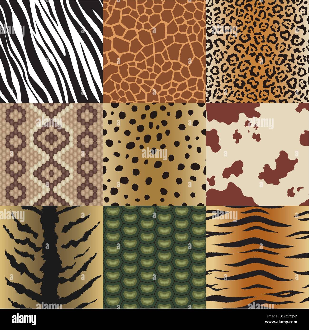 Ensemble sans coutures de motifs de peau d'animal. Safari textile de Giraffe, tigre, zèbre, léopard, reptile, vache, serpent et illustration vectorielle de la collection d'arrière-plan jaguar Illustration de Vecteur