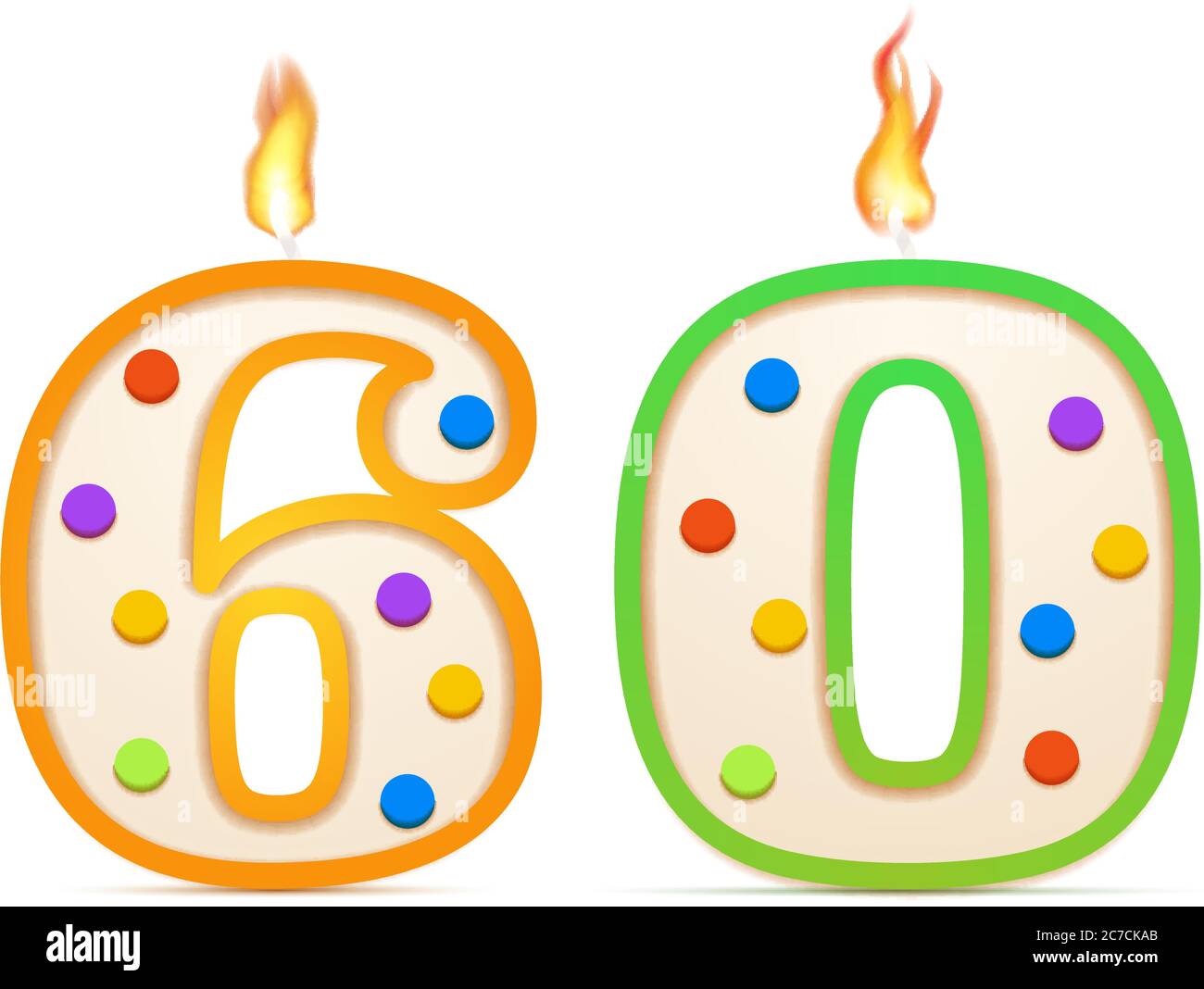 Soixante ans anniversaire, 60 numéro en forme de bougie d'anniversaire avec  feu sur blanc Image Vectorielle Stock - Alamy