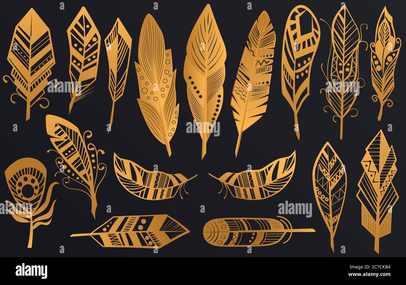 Ensemble de plumes tribales Golden Luxury. Collection ethnique de boho d'or isolée sur fond noir foncé Illustration de Vecteur