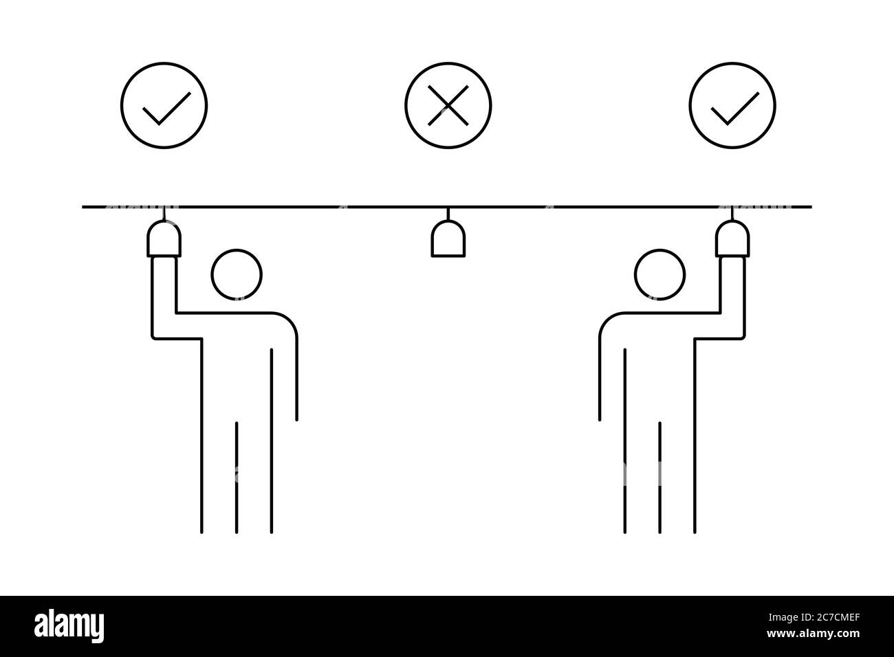Deux hommes se tenant dans le métro ou le bus gardant la distance sociale. Autocollant de sécurité pour les transports publics. Prévention Covid-19. Icône de ligne de stickman. Contour noir Illustration de Vecteur