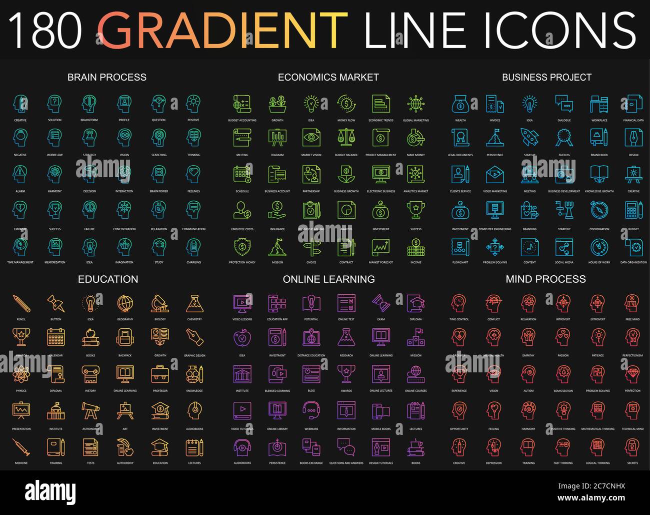 180 icônes tendance de style dégradé fin ensemble de processus de cerveau, économie de marché, projet d'affaires, éducation, apprentissage en ligne, processus mental isolé sur fond noir Illustration de Vecteur