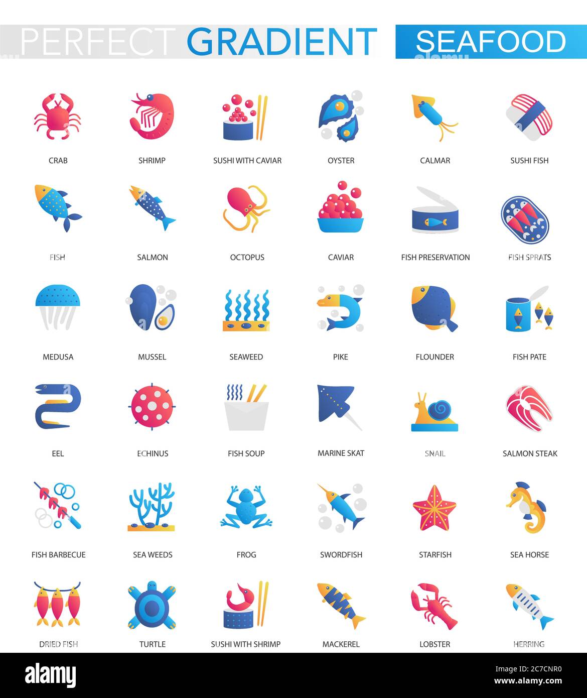 Ensemble vectoriel d'icônes tendance de fruits de mer à dégradé plat Illustration de Vecteur